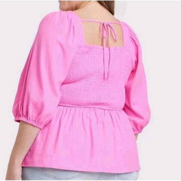 Ava & Viv Plus Size XXL 2X Puff Sleeve Pink Peplum Coquette Girly Cotton Blouse - Picture 2 of 8